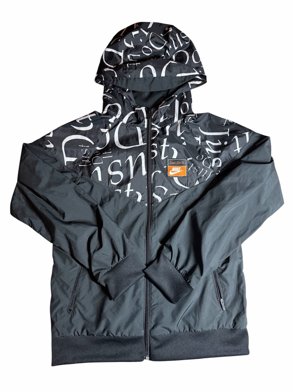 Nike Black/White Logo Print Hooded Windbreaker with Orange Patch